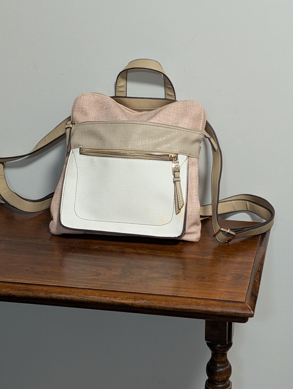 Bentley Convertible Crossbody Backpack Purse. PVC Linen Look. RFID . Pink Tan